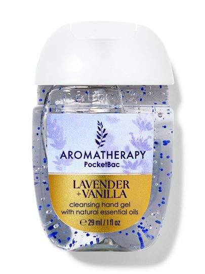 Gel PocketBac Aromatherapy Lavender + Vanilla cu granule albastre. Sticlă transparentă cu capac alb. Bath & Body Works.