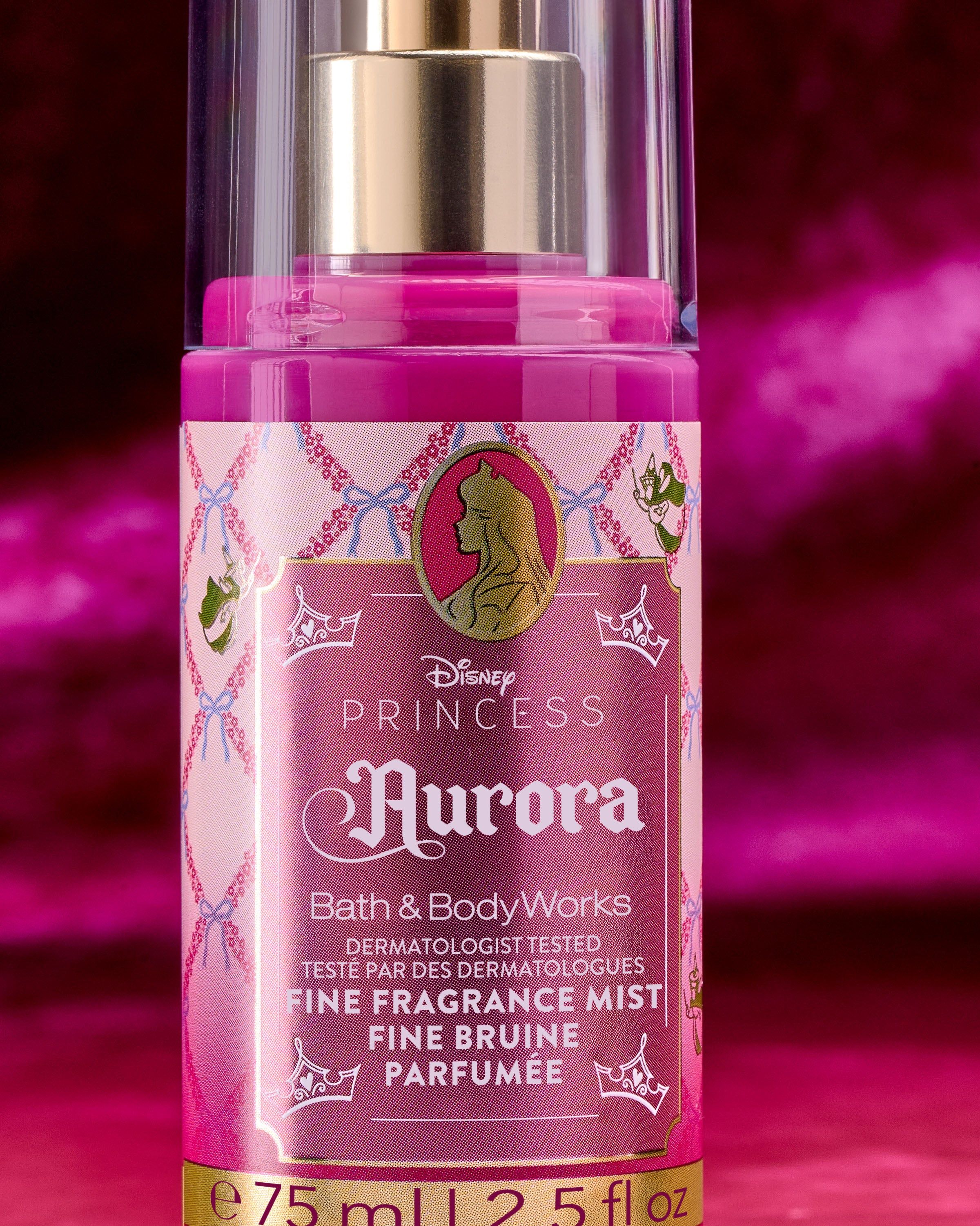Mini spray parfumat Aurora din colecția Disney Princess de la Bath & Body Works, în flacon roz strălucitor.