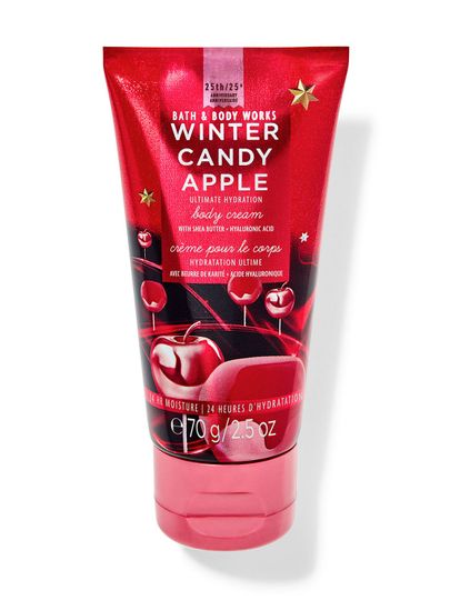 Malý tělový krém "Winter Candy Apple" s motivem červených, kandovaných jablek. Bath & Body Works.
