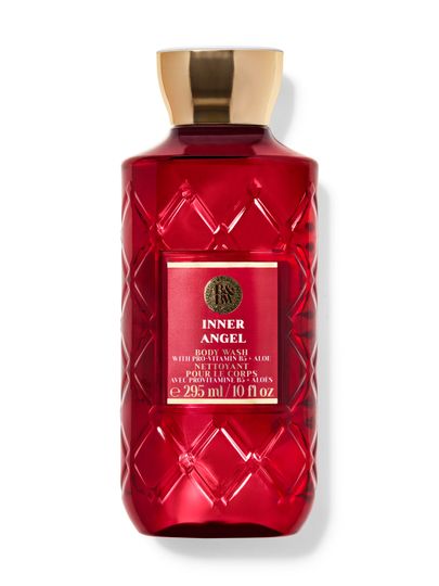 Gel de duș roșu Bath & Body Works Inner Angel (295 ml) în sticlă texturată cu capac auriu.