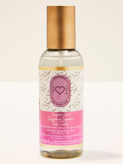 Inspire Love rose + vanilla – spray aromatizat roz‑vanilie în sticlă elegantă cu capac auriu.
