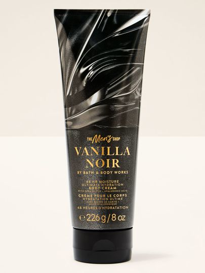 Cremă de corp Bath&Body Works Vanilla Noir. Tub mare, negru, cu inscripții bej.