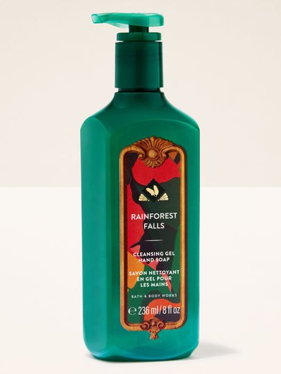 Rainforest Falls – gel pentru mâini în ambalaj verde, cu pompă și etichetă elegantă în tonuri tropicale de verde și roșu.