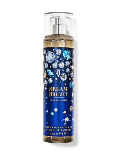 Ceață de corp "Dream Bright" în sticlă albastră cu diamante și steluțe pe etichetă. Bath & Body Works.