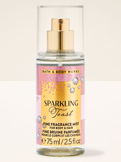 Mini spray Sparkling Toast Bath & Body Works în sticlă transparentă cu etichetă aurie