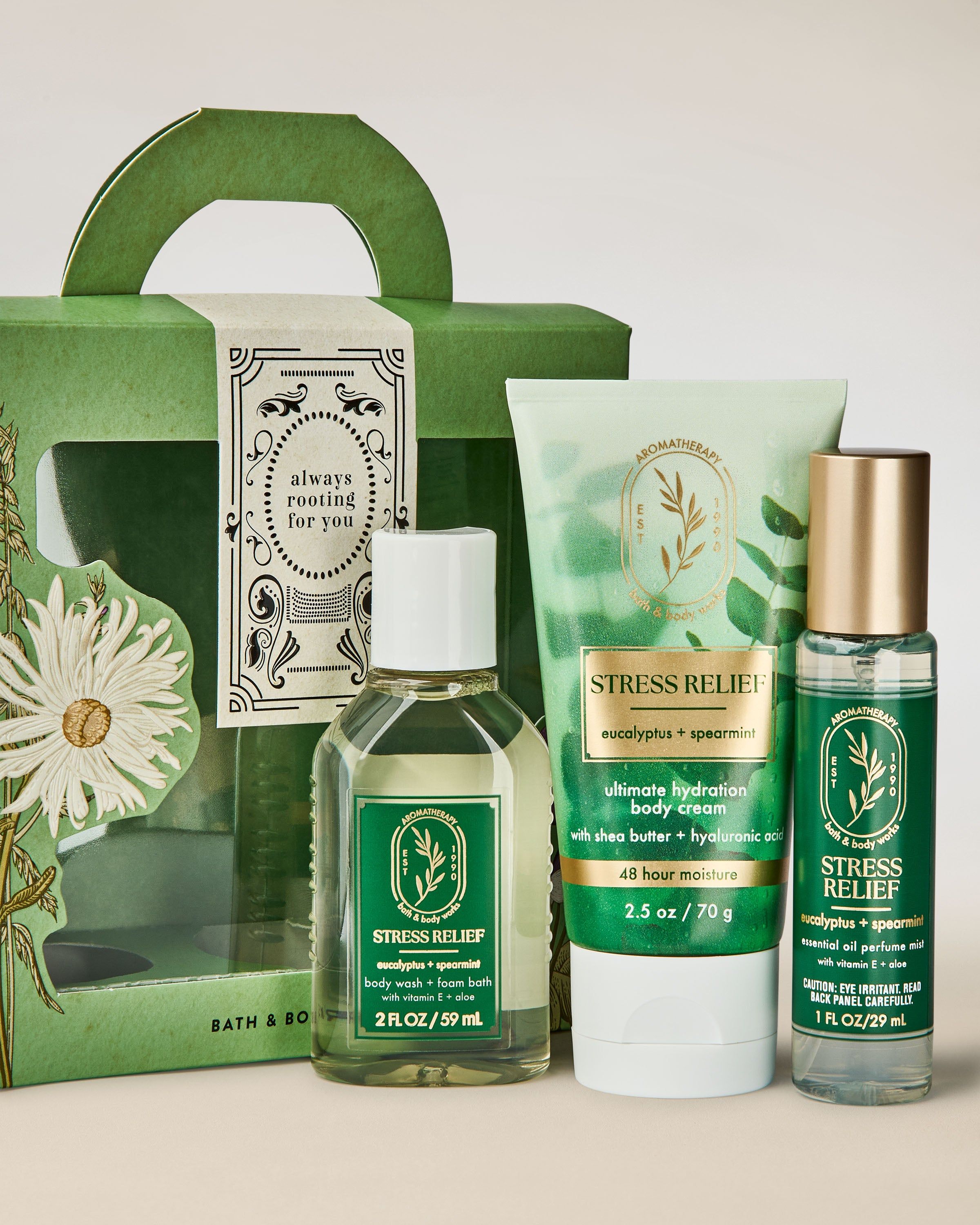 Set cadou Bath & Body Works Aromatherapy Stress Relief cu produse Eucalyptus + Spearmint, în ambalaj verde.