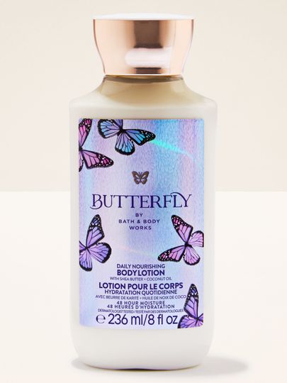 Loțiune de corp Butterfly Bath & Body Works într‑o sticlă deschisă cu etichetă holografică și motiv de fluturi