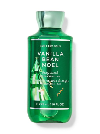 Sprchový gel „Vanilla Bean Noel” v průhledné lahvičce, se zelenou etiketou s vánočním stromečkem, Bath & Body Works.