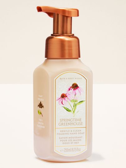 Săpun spumă pentru mâini Bath & Body Works Springtime Greenhouse 259 ml, în flacon deschis cu pompă.