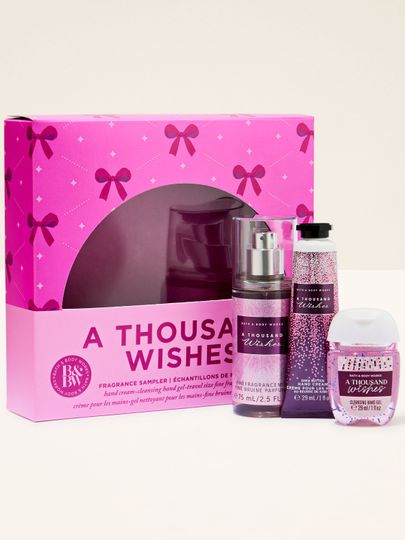 Setul A Thousand Wishes B&BW în ambalaj roz – spray, cremă și gel antibacterian.