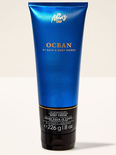 Crema de corp Ocean din colecția pentru bărbați Bath & Body Works, într-un tub cu finisaj metalizat, creată pentru hidratare de 24 de ore.