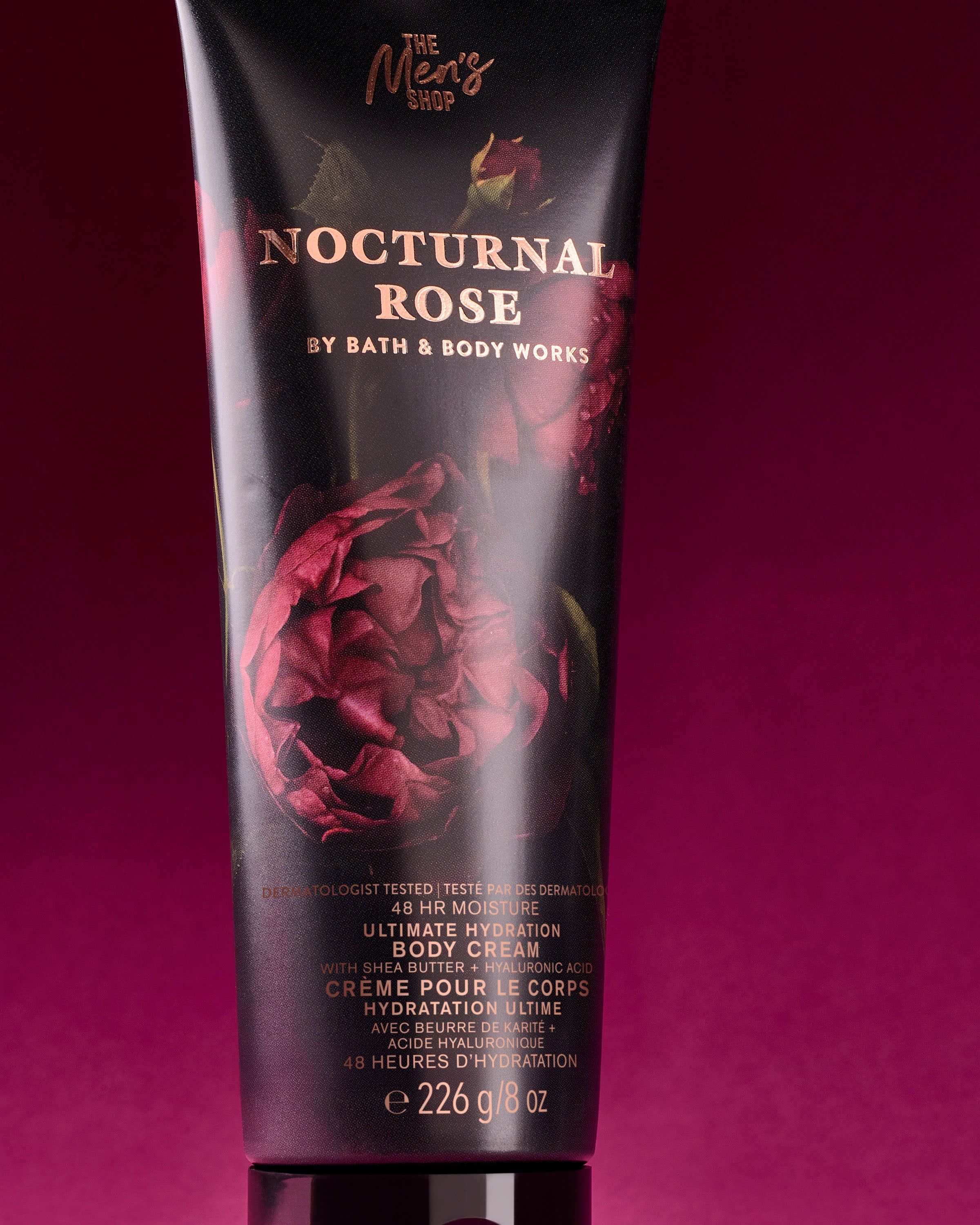 Cremă de corp Nocturnal Rose Bath & Body Works din colecția pentru bărbați, cu design elegant și trandafiri întunecați