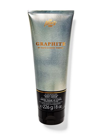 Cremă de corp Bath&Body Works Graphite. Tub mare, metalic, de culoare gri, cu sclipici și inscripții.