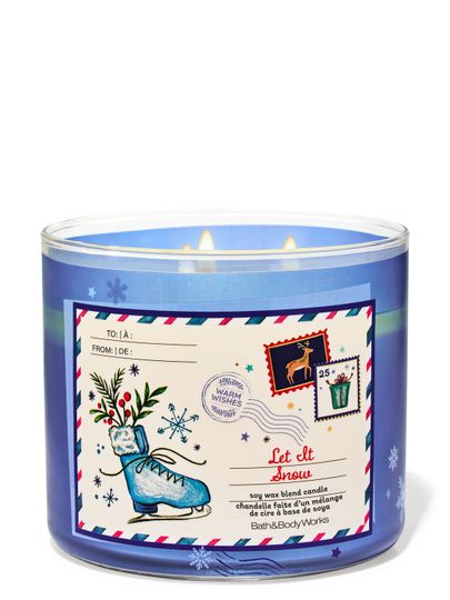 Lumânare parfumată Let It Snow Bath & Body Works cu 3 fitiluri și motiv de patină pe etichetă