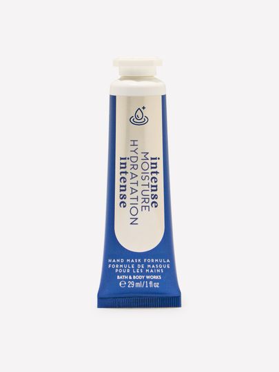 Mască pentru mâini Intense Moisture Hydration Bath & Body Works în tub albastru și alb
