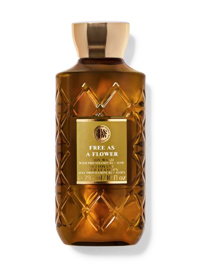 Gel de duș Bath & Body Works Free as a Flower (295 ml) în sticlă maro cu capac auriu.