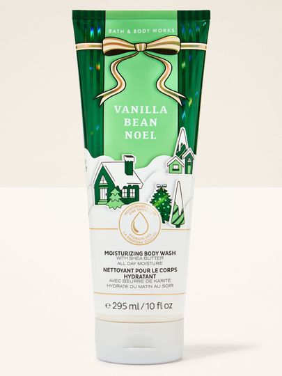 Gel de duș hidratant Vanilla Bean Noel Bath & Body Works cu motiv de iarnă, căsuțe și brazi