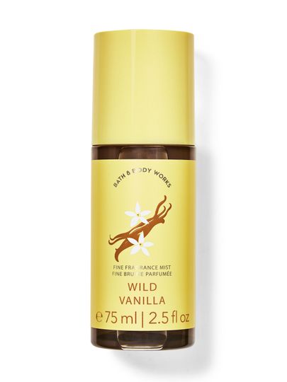 Wild Vanilla – spray parfumat Bath & Body Works în sticlă galbenă cu motiv de vanilie din colecția Wild Vanilla
