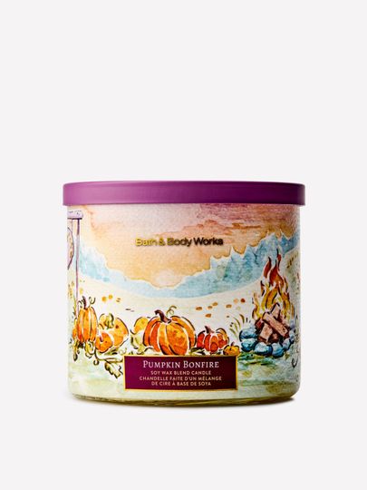 Lumânare parfumată Bath & Body Works Pumpkin Bonfire din amestec de ceară de soia, 3 fitiluri