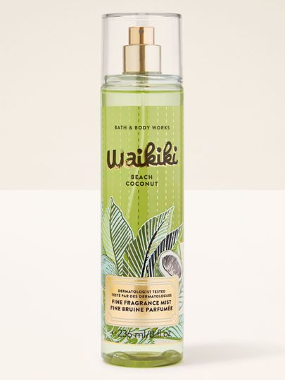 Mgiełcă parfumată Waikiki Beach Coconut de la Bath & Body Works, flacon verde cu atomizor și grafică tropicală.