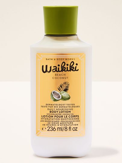 Loțiune de corp Waikiki Beach Coconut în sticlă deschisă, cu capac verde și etichetă galbenă cu motiv de cocos.