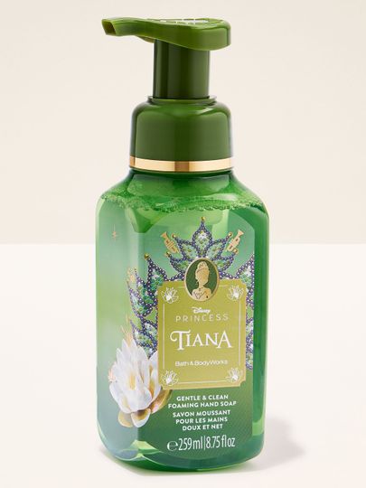 Săpun spumant Tiana în flacon verde cu detalii aurii și motiv de crin.