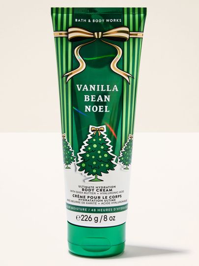 Cremă de corp Vanilla Bean Noel Bath & Body Works cu motiv de brazi și fundă aurie
