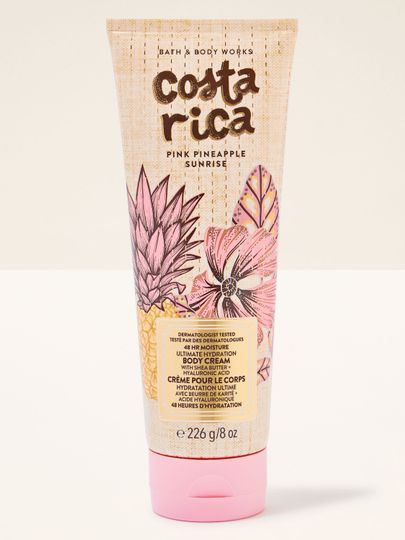 Cremă de corp Costa Rica Pink Pineapple Sunrise în tub pastel cu grafică tropicală și detalii roz.
