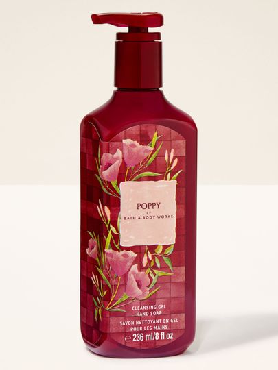Gel pentru mâini Bath & Body Works Poppy 236 ml, în flacon bordo cu motiv floral.