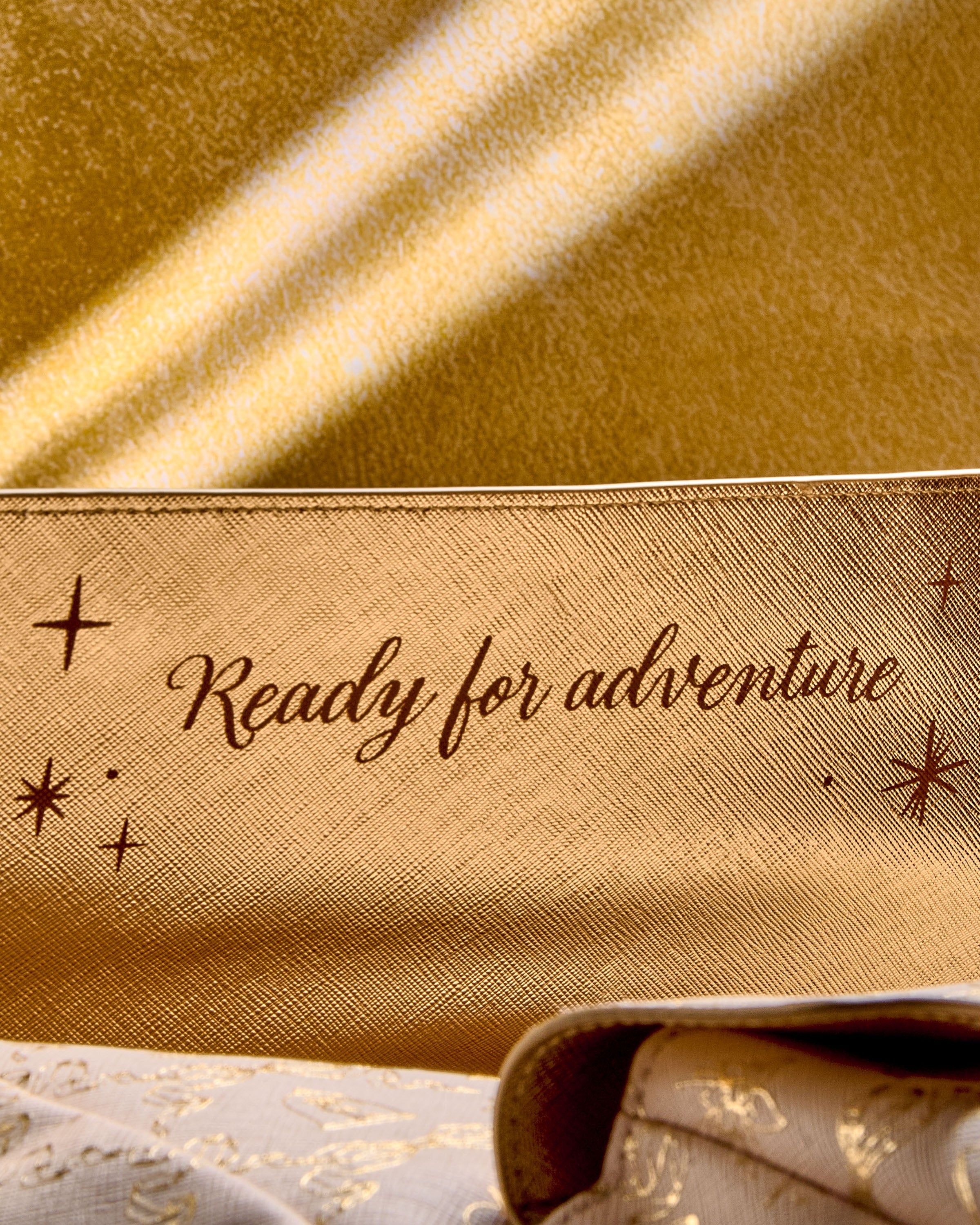Prim-plan al detaliului auriu din cutia Disney Princess, cu mesajul „Ready for adventure”.