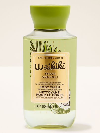 Gel de duș mini Waikiki Beach Coconut în sticlă verde, cu etichetă tropicală și capac verde.