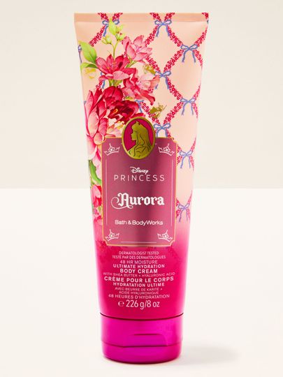 Cremă de corp Aurora Disney Princess – tub roz floral și hidratare intensă de la Bath & Body Works.