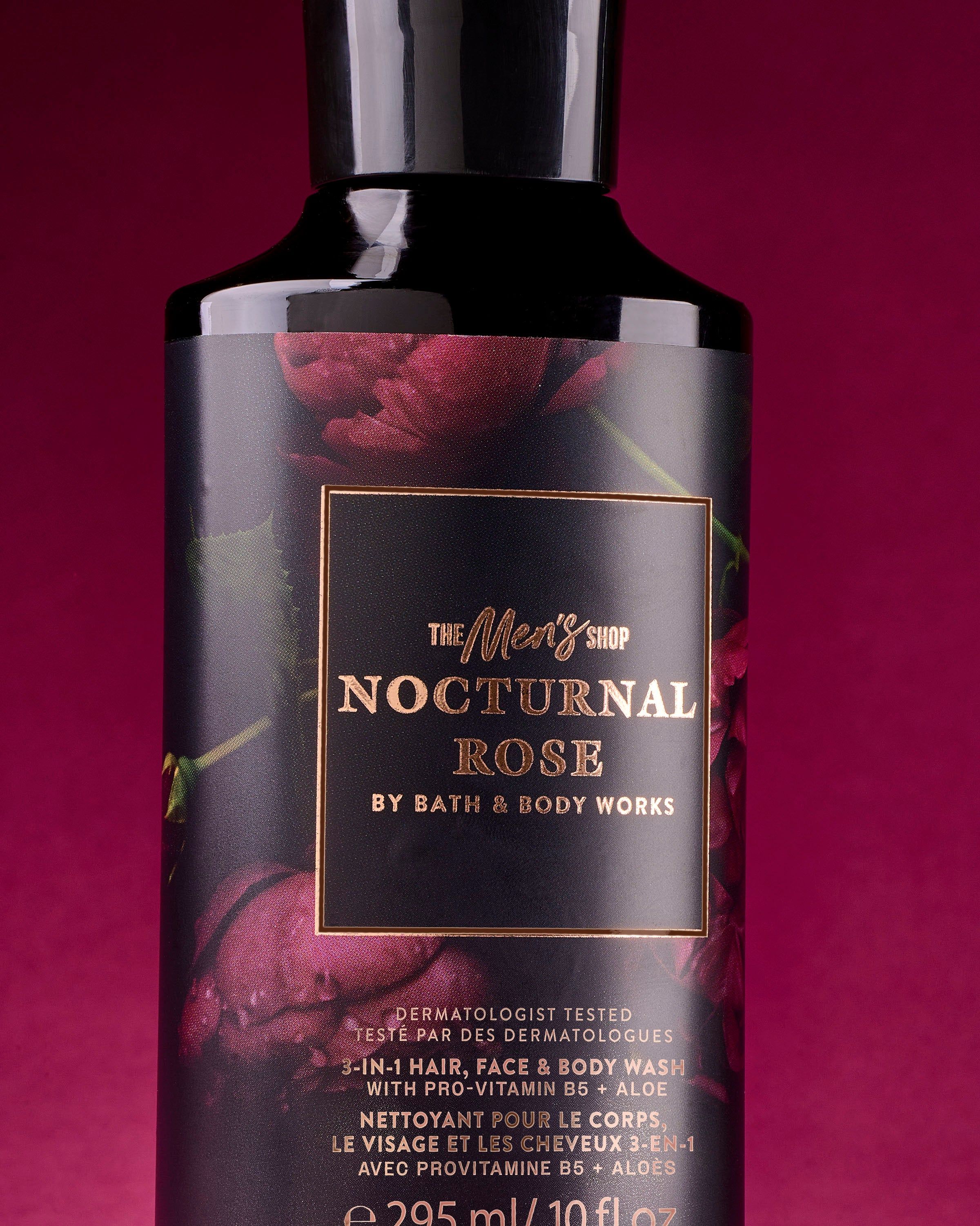 Gel 3‑în‑1 Nocturnal Rose Bath & Body Works – design masculin, tonuri întunecate și aromă elegantă.