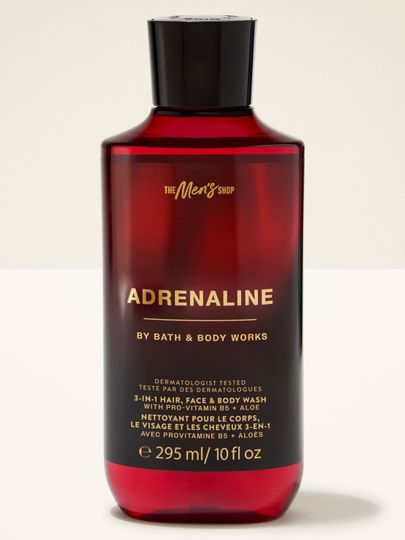 Gel 3-în-1 (corp, față, păr) pentru bărbați Bath & Body Works "Adrenaline" în sticlă roșu închis.