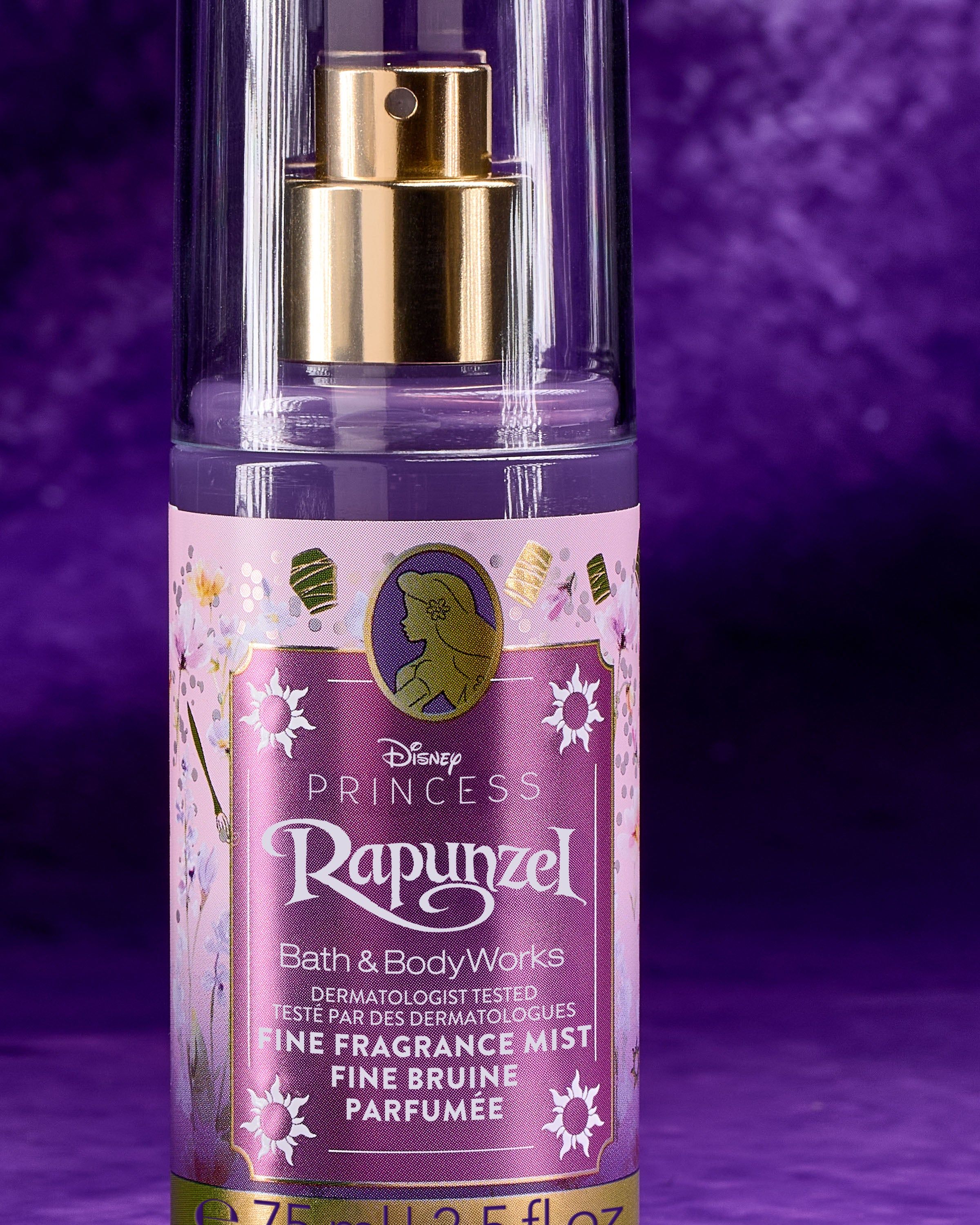 Mini spray parfumat Rapunzel din colecția Disney Princess de la Bath & Body Works, în flacon mov strălucitor.