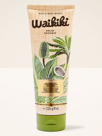 Cremă de corp Waikiki Beach Coconut în tub deschis, cu frunze verzi și motiv de cocos pe fundal texturat.
