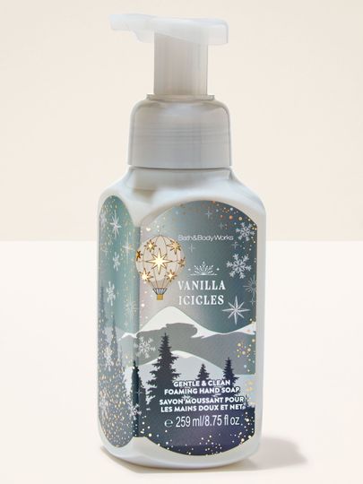 Săpun spumă Vanilla Icicles Bath & Body Works cu motiv de iarnă, munți, brazi, stele și fulgi de zăpadă