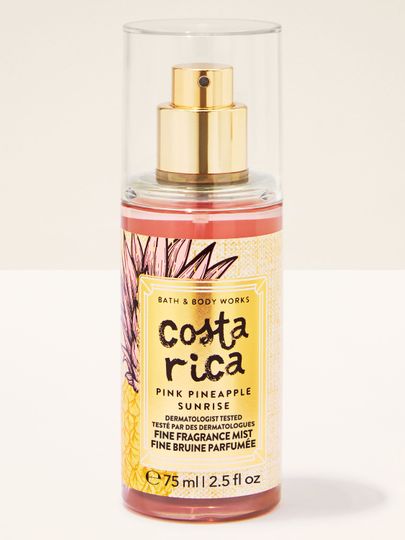 Mini mgiełcă parfumată Costa Rica Pink Pineapple Sunrise de la Bath & Body Works, flacon roz cu atomizor.