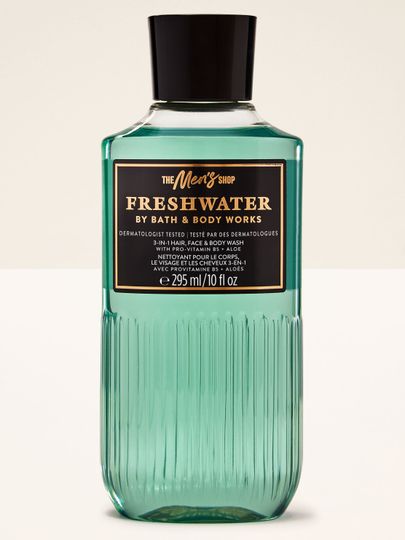 Gel 3‑în‑1 „Freshwater” de la Bath & Body Works în sticlă turcoaz.