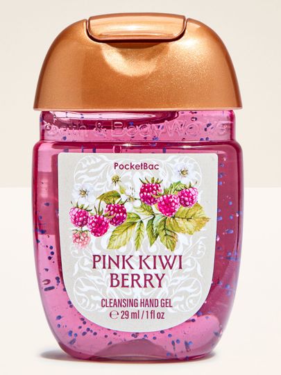 Bath & Body Works Pink Kiwi Berry PocketBac – gel dezinfectant pentru mâini într-un flacon roz cu motiv de fructe.