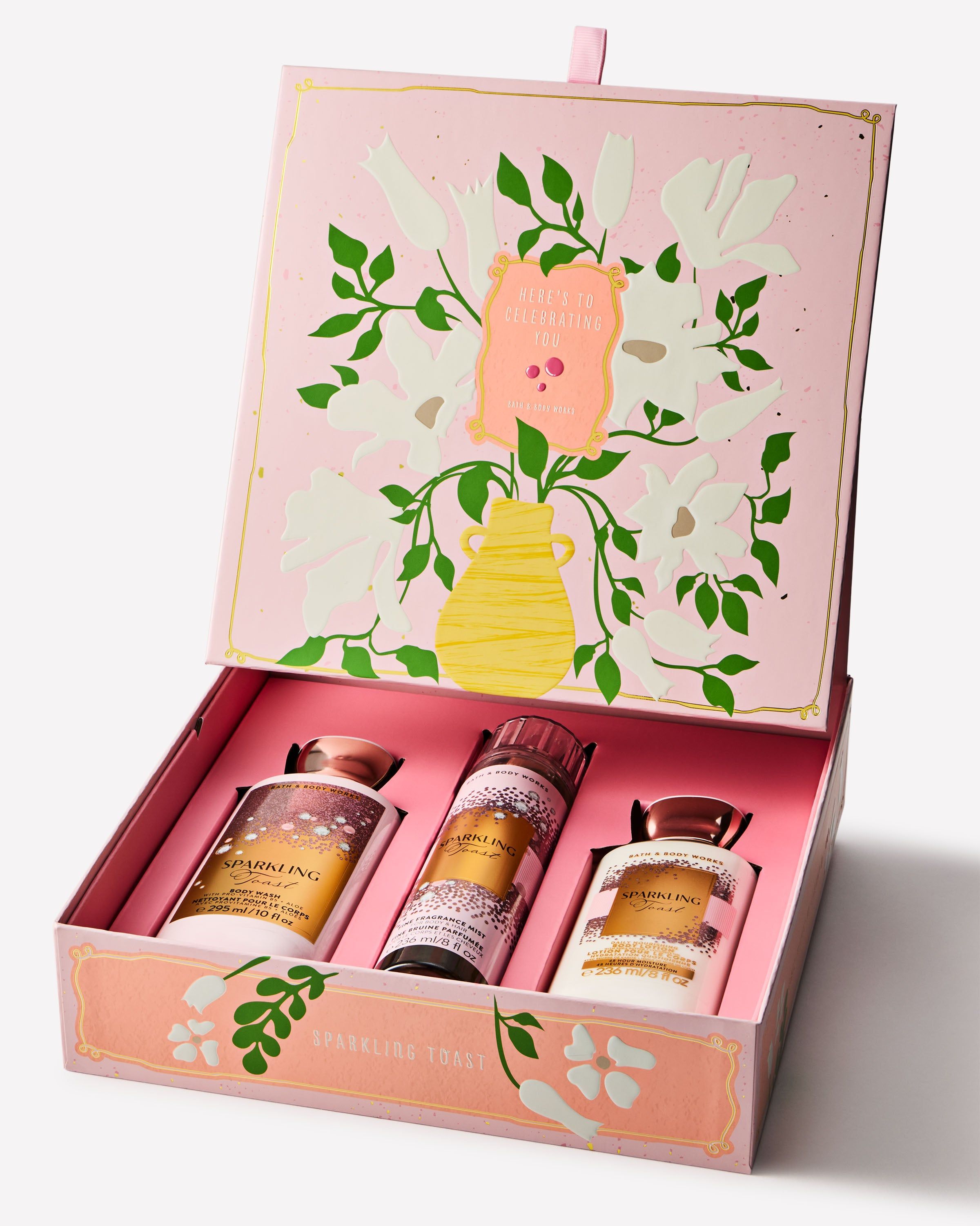 Set cadou Sparkling Toast Bath & Body Works cu produse și cutie decorativă