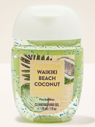 PocketBac Waikiki Beach Coconut – gel de mâini în recipient verde, cu capac alb și etichetă cu motiv de cocos.