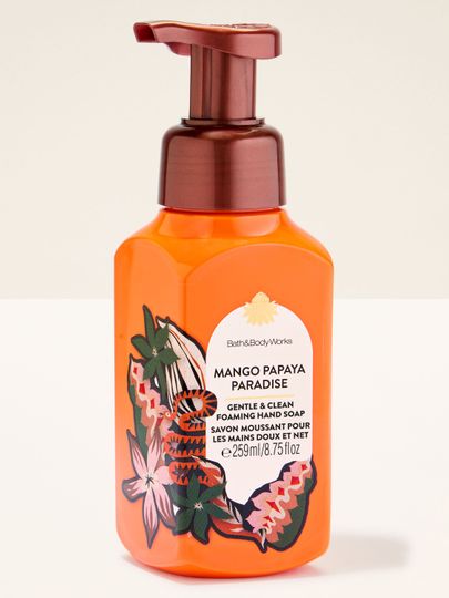 Mango Papaya Paradise – săpun spumant portocaliu cu etichetă tropicală în mango și papaya, cu aspect luminos și estival.