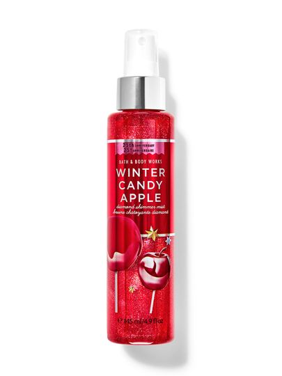 Rozjasňující vonná mlha Winter Candy Apple v třpytivé lahvi s motivem sladkého jablka. Bath&Body Works.