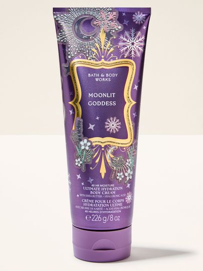 Cremă de corp Moonlit Goddess Bath & Body Works cu motiv de lună, stele și fulgi de zăpadă