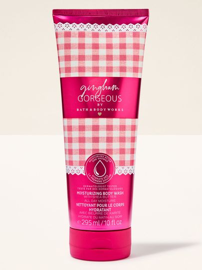 Gel de duș cremos Bath & Body Works Gingham Gorgeous 295 ml, în tub roz cu model gingham.