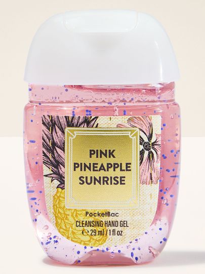 PocketBac Pink Pineapple Sunrise – gel de mâini în recipient roz cu capac alb și etichetă cu ananas.