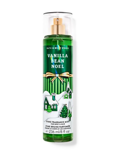 Mist parfumat pentru corp Vanilla Bean Noel Bath & Body Works cu motiv de căsuțe și brazi acoperiți de zăpadă