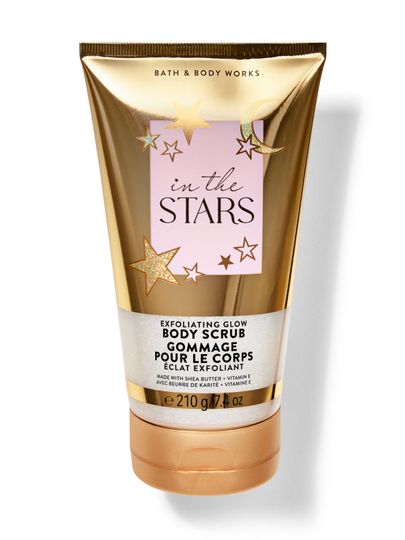 Zlatý tělový peeling se třpytkami, s motivem hvězd a měsíce. Bath & Body Works.