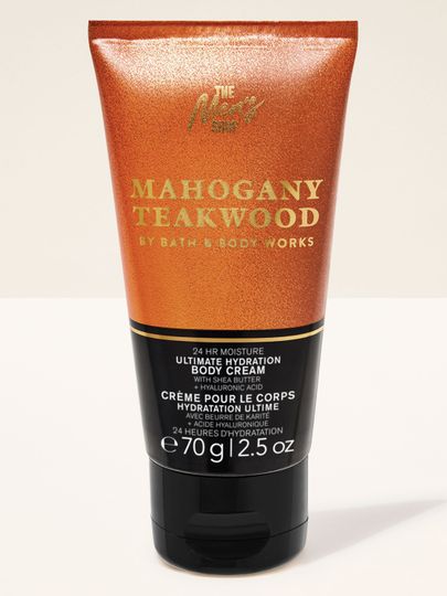 Cremă de corp Mahogany Teakwood Bath & Body Works într‑un tub maro cu capac negru